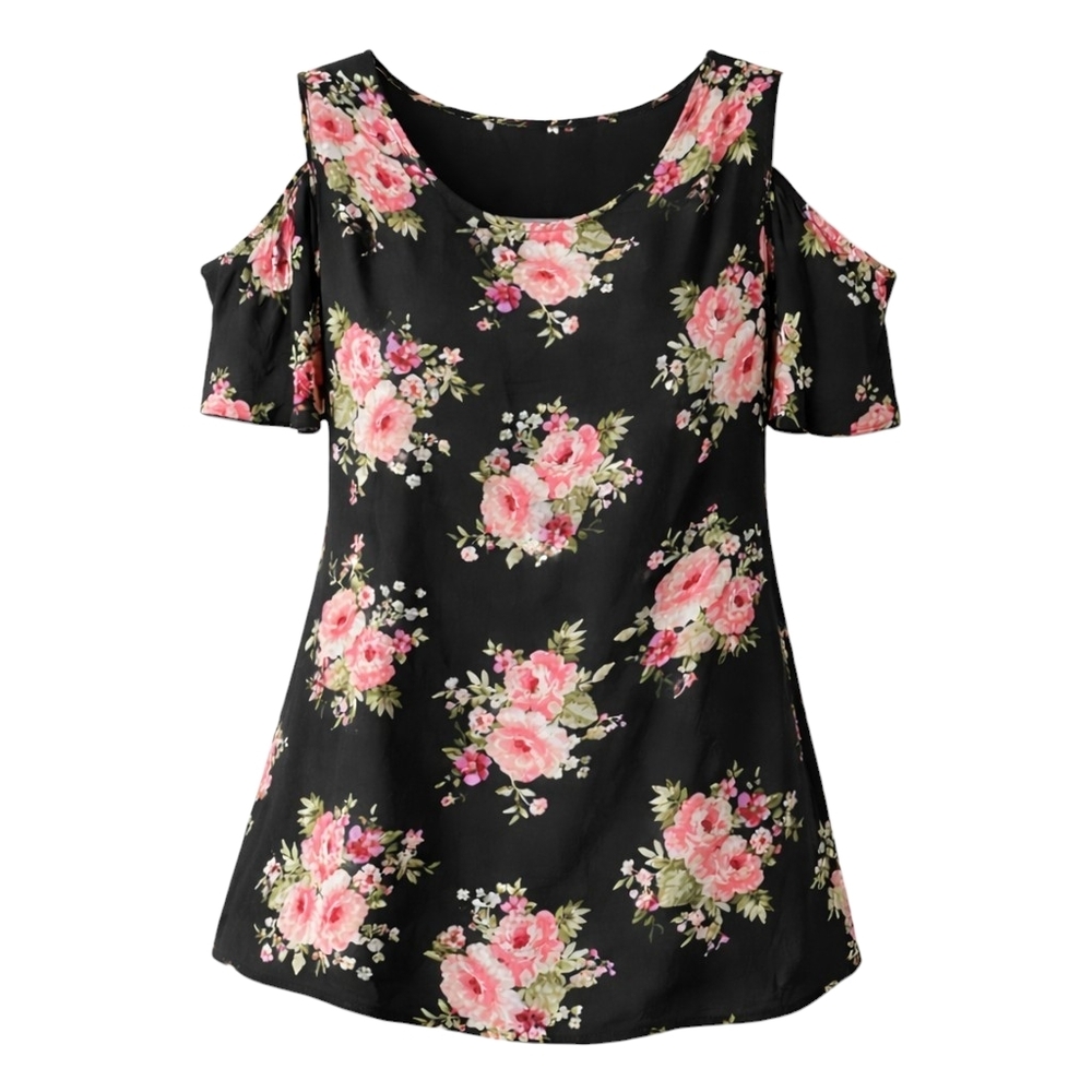 Women's Black Floral Cold Shoulder Blouse Size Small‎
